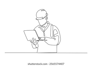 Engineer with laptop in continuous one line drawing. Single line art draw of technician working with netbook. Editable vector.