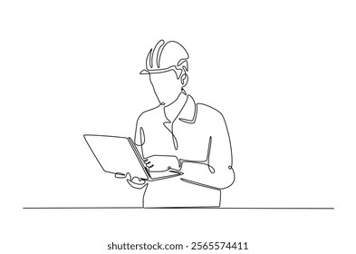 Engineer with laptop in continuous one line drawing. Single line art draw of maintenance worker with laptop. Editable vector.