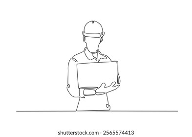 Engineer with laptop in continuous one line drawing. Single line art draw of technician working with netbook. Editable vector.