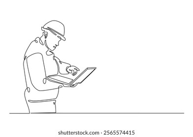 Engineer with laptop in continuous one line drawing. Single line art draw of technician working with netbook. Editable vector.