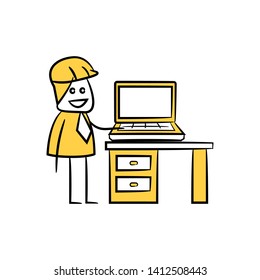 engineer and laptop on table icon stick figure yellow theme
