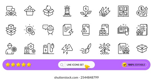 Engineer, Lease contract and Opened box line icons for web app. Pack of Brush, Fuel price, Charging station pictogram icons. Eco power, Mobile inventory, Lighthouse signs. Search bar. Vector