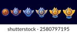 Engineer level medal, game rank badge. Vector progression of mechanical themed achievement trophies featuring gears, wrenches and wings range from bronze to gold symbolizing increasing ranks or levels