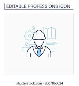 Engineer line icon. Man design, construct, maintain engines and machines. Important job.Professions concept. Isolated vector illustration.Editable stroke