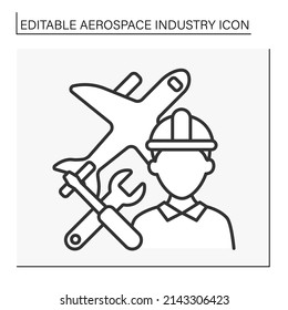  Engineer Line Icon. Man Improved The Design Of Plane.Aerospace Industry Concept. Isolated Vector Illustration. Editable Stroke