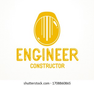 Engineer logo or icon with yellow safety helmet, stylish industrial and construction graphic design element.