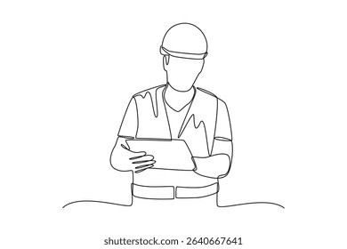 Engineer. an engineer is looking at the design model. man in a construction helmet and project vest. Hand drawn style vector design illustrations.