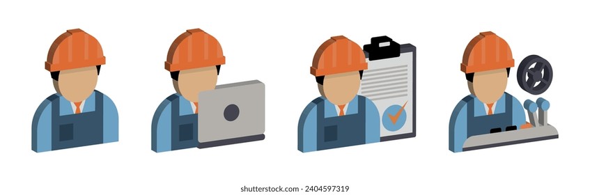Engineer and Machine Operator Managing and Manufacturing Icons Isometric Vector Set