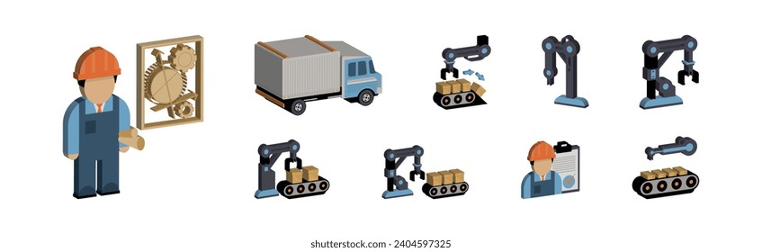 Engineer and Machine Operator Managing and Manufacturing Icons Isometric Vector Set