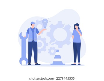An engineer are maintaining machines, providing ideas and solutions. Modern vector flat illustration