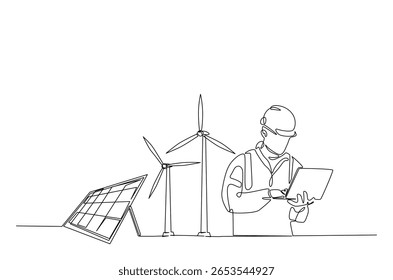 Engenheiro de manutenção turbinas eólicas gerador com painel solar em desenho contínuo de uma linha. Ilustração de arte de linha única do serviço de energia eco..