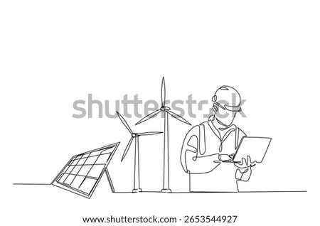 Engineer maintanence turbines wind generator with solar panel in continuous one line drawing. Single line art illustration of eco energy service..