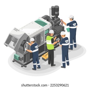 Engineer Maintenance failure machine isometric Grey Machine industrial employee worker fixing in factory element on white background illustration isometric isolated vector