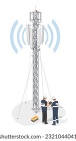 engineer Maintenance Service Call phone internet 5g antenna high tower isometric isolated cartoon vector