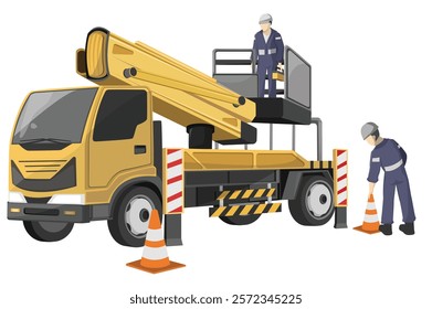 engineer maintenance working use Yellow  boom lift truck. Flat Design Isolated illustration and White Background.