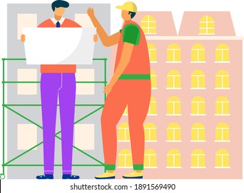 Engineer Male Hold Structure Blueprint Drawing, Builder Worker In Protected Helmet Flat Vector Illustration, Isolated On White. Construction Sleeping Area, Working Process Edifice Household.