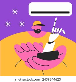 Engineer man cleans the air conditioner. Technologies of the future for a smart home. Flat vector illustration.