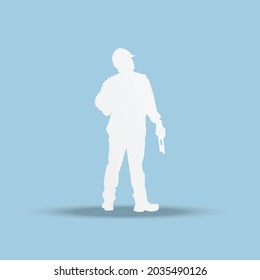 Engineer man cut out of paper on blue background, Worker paper cut style. Vector illustration