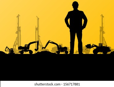 Engineer man with excavator loaders and tractors digging at industrial construction site vector background illustration