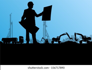 Engineer man with excavator loaders and tractors digging at industrial construction site vector background illustration