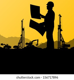 Engineer man with excavator loaders and tractors digging at industrial construction site vector background illustration