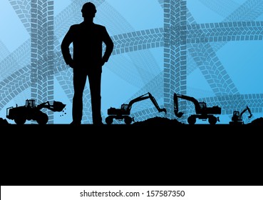 Engineer man with excavator loaders and tractors digging at industrial construction site vector background illustration