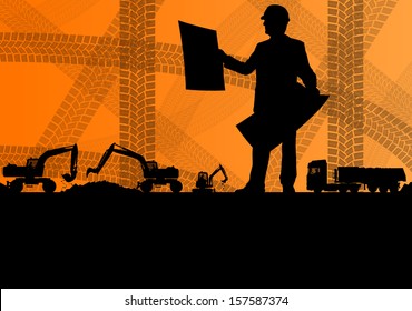 Engineer man with excavator loaders and tractors digging at industrial construction site vector background illustration