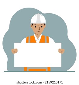 Engineer man holding a blank sheet of paper. The concept of a builder, engineer, planner or designer. Vector flat illustration.