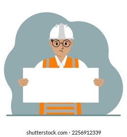 Ingenieur, der ein leeres Blatt Papier hält. Das Konzept eines Erbauers, Ingenieurs, Planers oder Designers.