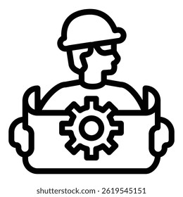 Engineer man with project and cogwheel line icon, neural dataset concept. Vector graphics. Developer, developing sign on white background, style mobile or design