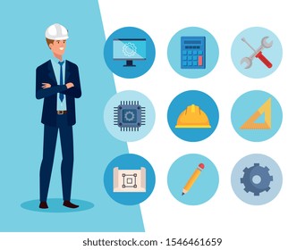 engineer man with set icons working vector illustration design