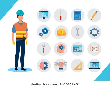 engineer man with set icons working vector illustration design