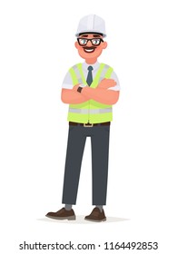 An engineer man wearing a hard hat and a protective vest. Foreman at the construction site. The factory worker, the chief. Vector illustration in cartoon style