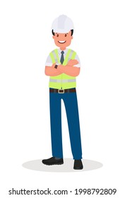 An engineer man wearing a hard hat and a protective vest. Foreman at the construction site. The factory worker, the chief. Vector illustration in cartoon style