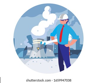 ingeniero con herramientas de trabajo en el diseño de la ilustración vectorial de fábrica