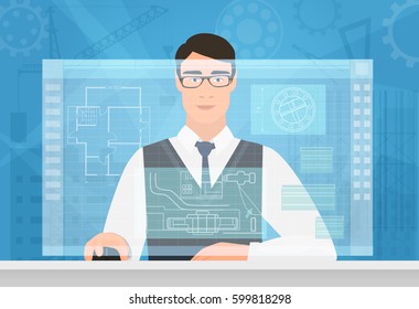 Engineer man working using virtual media interface workspace. Engineer working with building plan virtual screen drawing.