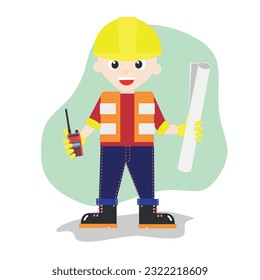 engineer man yellow helmet work with plan character cartoon vector illustration 