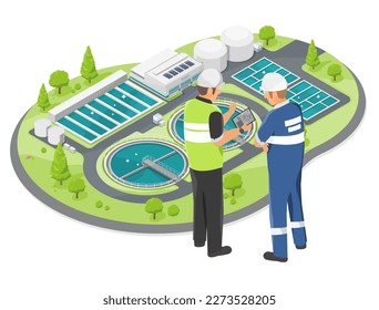 Engineer management and planing with Technician at Wastewater Treatment plant ecology sewage treatment for save world concept cartoon symbols  isometric isolated illustration vector