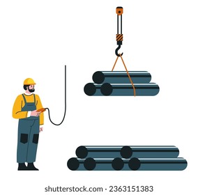 Ingeniero o administrador que busca el proceso de transporte y carga de tubos de metal, acero o hierro. Trabajador de metalurgia usando casco protector y ropa trabajando en fábrica. Vector de estilo plano