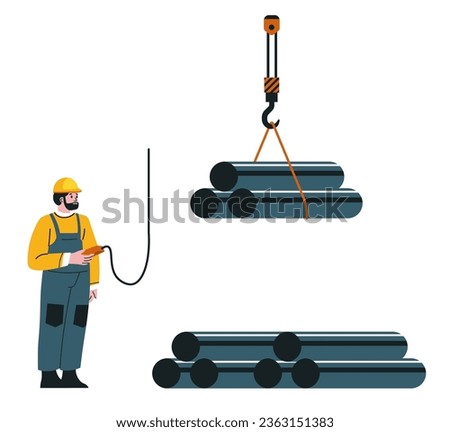 Engineer or manager looking for process of metal, steel or iron pipes transportation and loading. Metallurgy worker wearing protective helmet and clothes working in factory. Vector in flat style