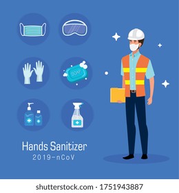 engineer with mask and hands sanitizer prevention tips design, Disinfects clean antibacterial and hygiene theme Vector illustration