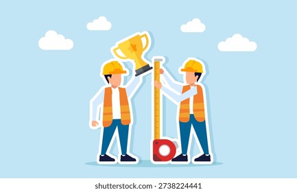 Engineer measuring height of another engineer holding trophy illustration of analyzing competitor advantage