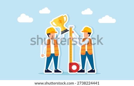 Engineer measuring height of another engineer holding trophy illustration of analyzing competitor advantage