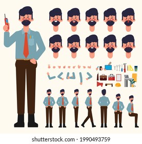 Engineer mechanic character creation for animation. Ready for animated face emotion and mouth.
