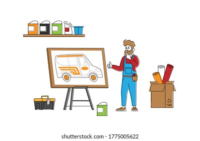 Engineer or Mechanic Character Presenting Design for Car Tuning. Vehicle Modification at Auto Service. Car Body Shop, Transport Upgrade, Painting Sticking of Wrapping Decal. Linear Vector Illustration