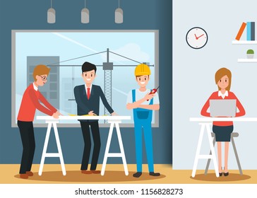 Engineer and mechanics and technician people worker teamwork in office. industry character vector design.