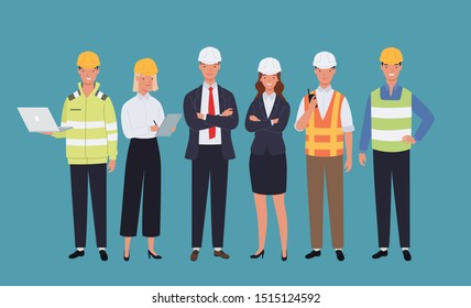 Engineer and mechanics and technician people worker teamwork. Vector illustration in a flat style