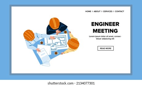 Engineer Meeting For Discuss Building Plan Vector. Men Builders Discussing House Blueprint On Engineer Meeting And Research Documentation. Characters Engineering Work Web Flat Cartoon Illustration