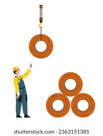 Engineer or metallurgy worker wearing protective helmet and clothes controlling process of loading transportation of metal coils. Facility or factory job workload. Vector in flat style illustration