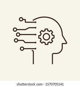 Engineer mind thin line icon. Gear, head, AI, neural circuit isolated outline sign. Artificial intelligence concept. Vector illustration symbol element for web design and apps